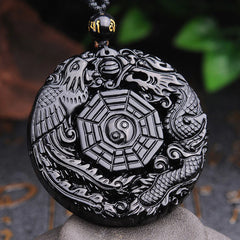 Bagua Dragon Phoenix Obsidian Fulfillment Pendant Necklace