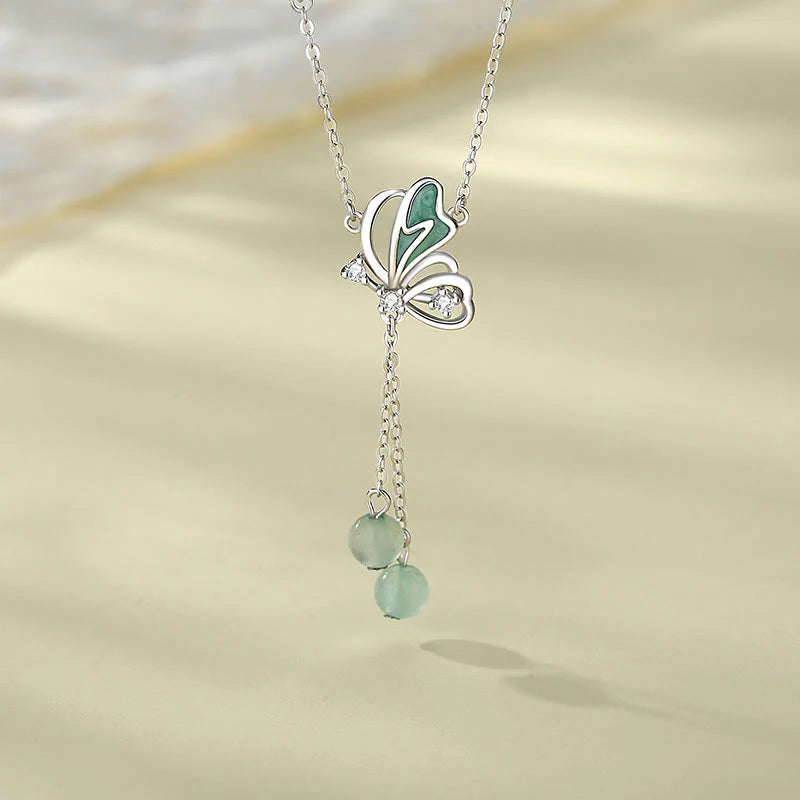 925 Sterling Silver Natural Green Aventurine Butterfly Luck Necklace and Earrings Set