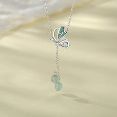 925 Sterling Silver Natural Green Aventurine Butterfly Luck Necklace and Earrings Set