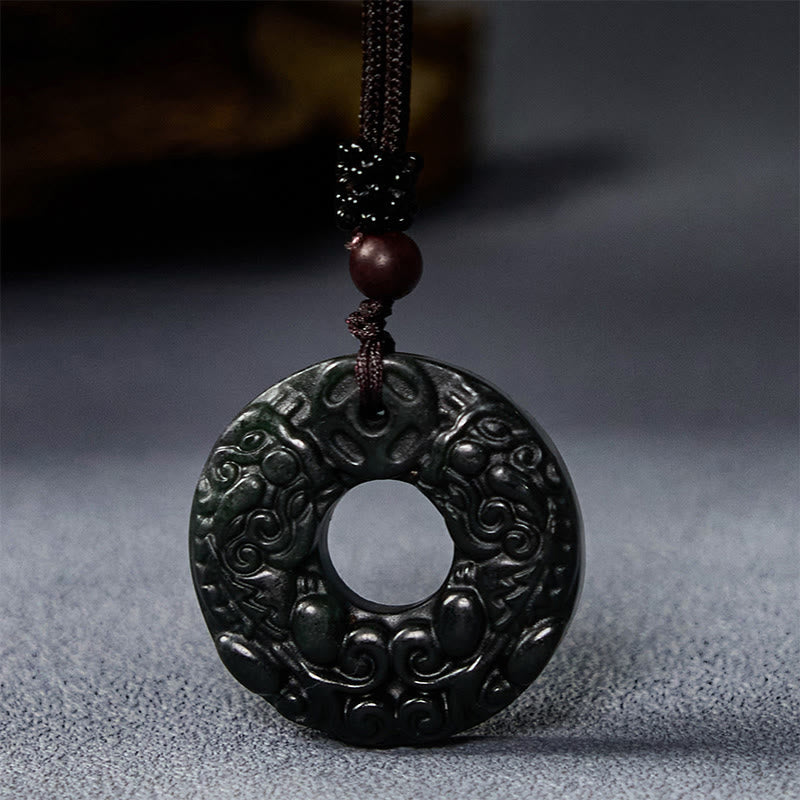 Tibetan Black Green Jade PiXiu Peace Buckle Protection Necklace Pendant