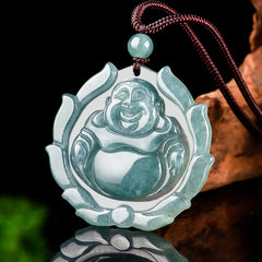 Renbeads Natural Jade Laughing Buddha Lotus Pattern Luck Necklace Pendant