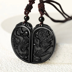 Black Obsidian Love Dragon Phoenix Protection Necklace Pendant