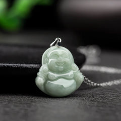 Renbeads 925 Sterling Silver Laughing Buddha Jade Blessing Necklace Chain Pendant
