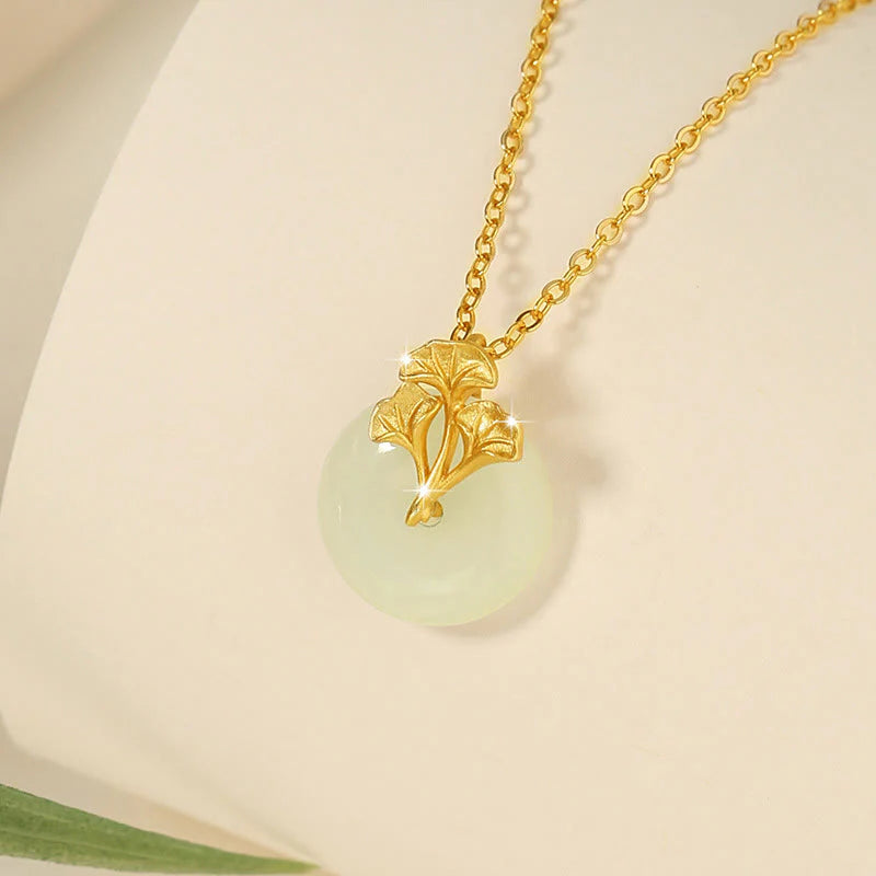 925 Sterling Silver Hetian Jade Ginkgo Leaves Necklace Pendant