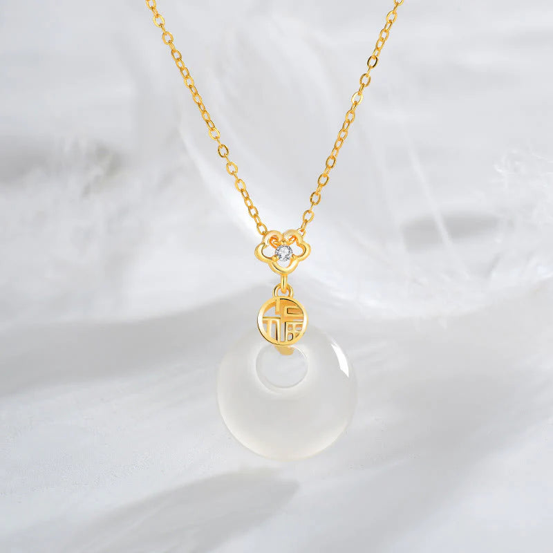 925 Sterling Silver White Agate Fu Character Happiness Luck Necklace Pendant