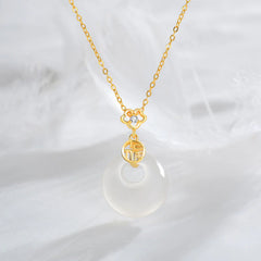 925 Sterling Silver White Agate Fu Character Happiness Luck Necklace Pendant
