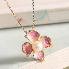 925 Sterling Silver Pearl Red Flower Petals Design Necklace Pendant Earrings Set