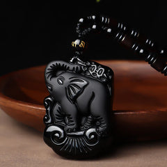 Black Obsidian Elephant Protection Necklace Pendant Keychain