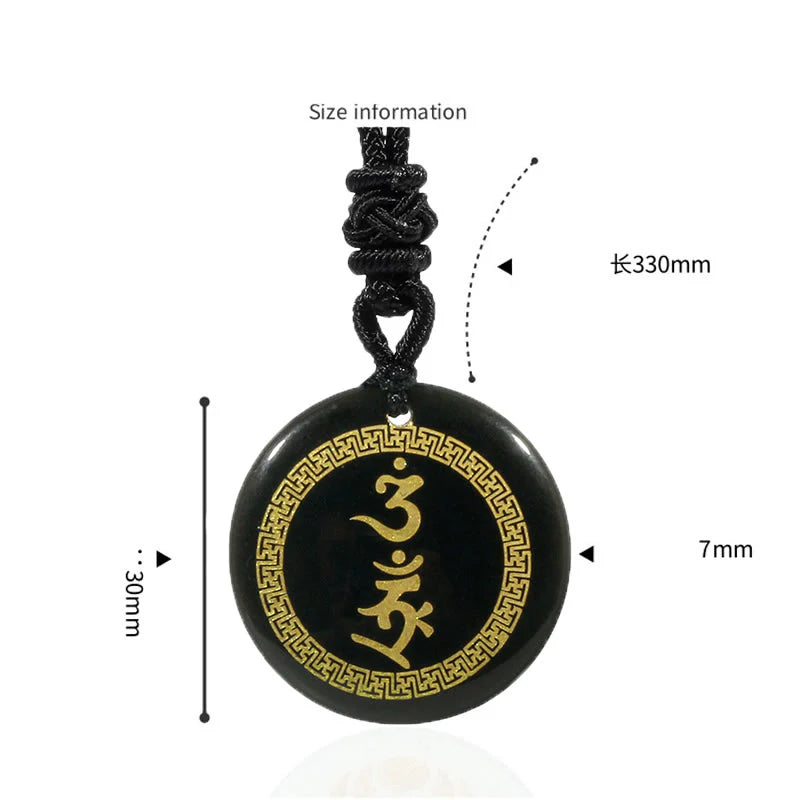 Surrounding Swastika Pattern Vajra Protection Mantra Natural Various Crystal Black Obsidian Necklace Pendant