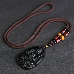 Chinese Zodiac Buddha Natural Black Obsidian Purification Necklace Pendant