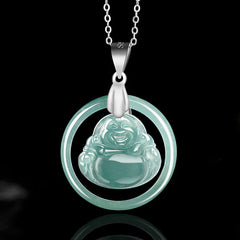 925 Sterling Silver Natural Jade Round Laughing Buddha Abundance Necklace Pendant