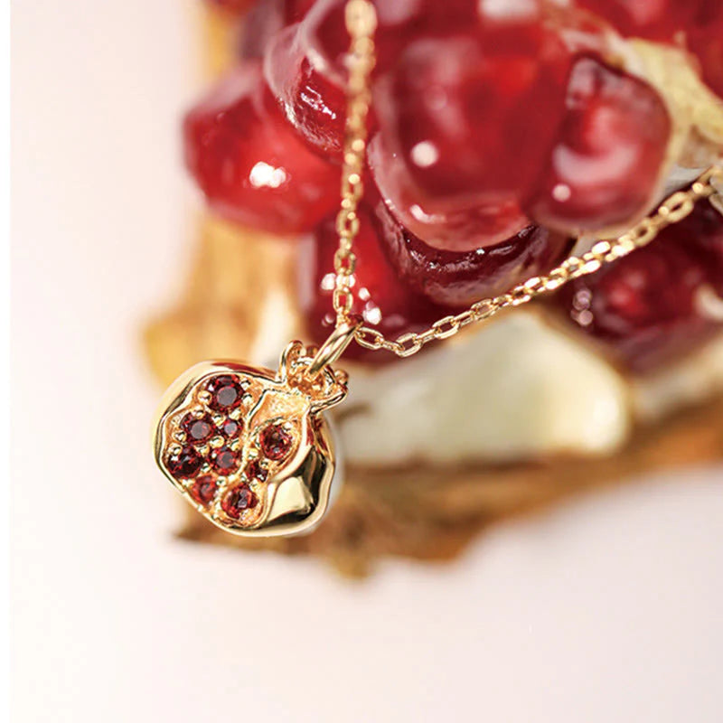 925 Sterling Silver 18k Gold Plated Pomegranate Garnet Crystal Charm Necklace Pendant