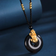Black Onyx White Agate Peace Buckle 999 Sterling Silver Gold PiXiu Fortune Necklace Pendant