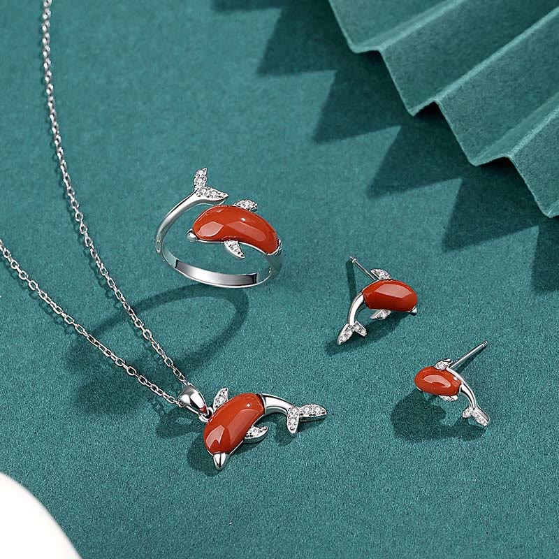 925 Sterling Silver Cute Dolphin Jade Red Agate Luck Necklace Pendant Ring Earrings Set