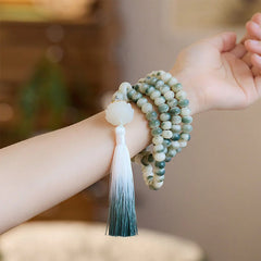 Renbeads Natural 108 Mala Beads Bodhi Seed Lotus Engraved Wisdom Tassel Bracelet