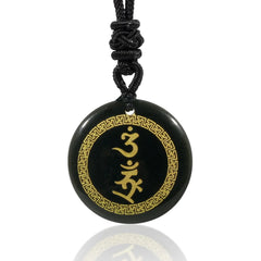 Surrounding Swastika Pattern Vajra Protection Mantra Natural Various Crystal Black Obsidian Necklace Pendant