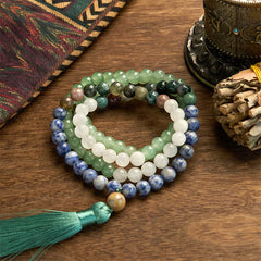108 Mala Beads Natural Green Aventurine Blue Spot Jasper Agate Green Tassel Luck Bracelet