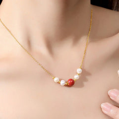 925 Sterling Silver Pearl Cinnabar Healing Bead Chain Necklace Pendant