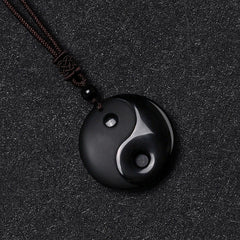 Black Obsidian Five Sacred Mountains Nine Character Mantra Carved Yin Yang Necklace Pendant