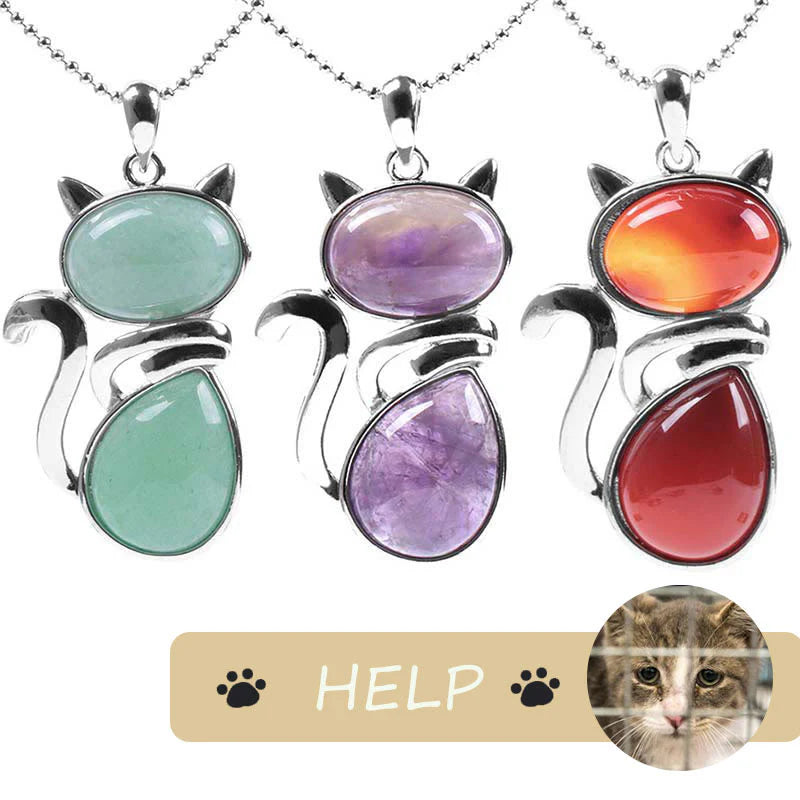 Cute Cat Pattern Natural Crystal Protection Pendant Necklace