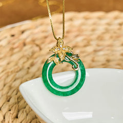 Cyan Jade Peace Buckle Alloy Flower Luck Necklace Pendant
