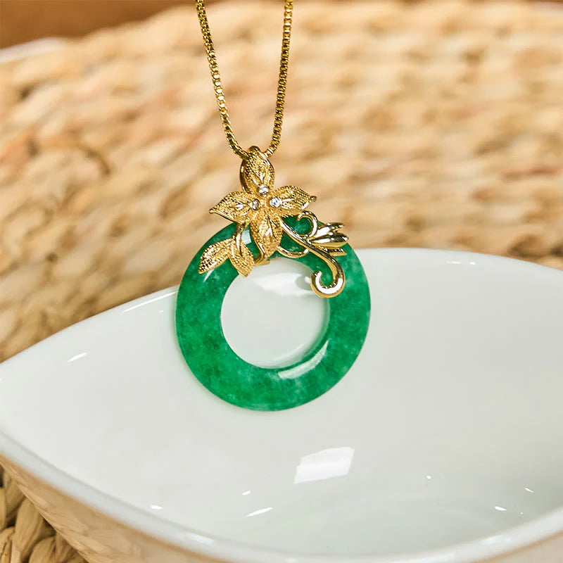 Cyan Jade Peace Buckle Alloy Flower Luck Necklace Pendant
