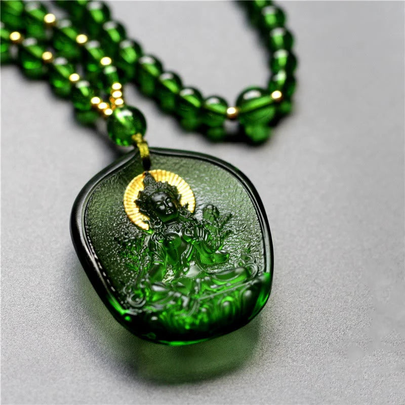 Tibetan Green Tara Buddha Gold Plated Liuli Crystal Protection Necklace Pendant