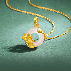 Natural White Chalcedony Peace Buckle Lotus Pendant 925 Sterling Silver Necklace