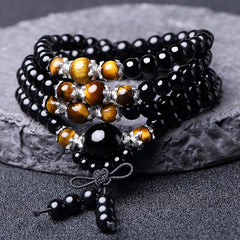 108 Beads Natural Black Obsidian Tiger Eye Mala Bracelet