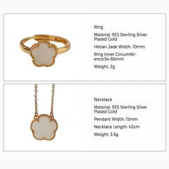 925 Sterling Silver Plated Gold Natural Jade Flower Luck Necklace Pendant Ring Set