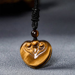 Natural Tiger Eye Heart Pattern Protection Rope Necklace Pendant