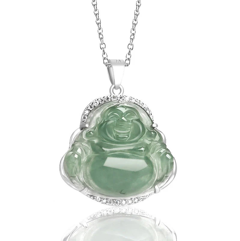 925 Sterling Silver Laughing Buddha Natural Jade Luck and Prosperity Necklace Pendant