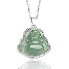 925 Sterling Silver Laughing Buddha Natural Jade Luck and Prosperity Necklace Pendant