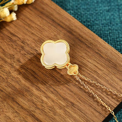 24K Gold Plated White Jade Four Leaf Clover Plum Blossom Luck Necklace and Earrings Set