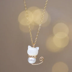 14K Gold Plated Pearl Jade Shell Lucky Cat Necklace Pendant