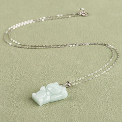 925 Sterling Silver Jade Fortune Cat Prosperity Necklace Pendant