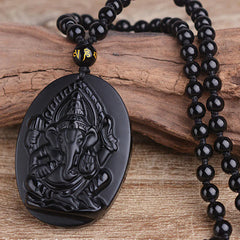 Tibetan Obsidian Elephant Wealth Amulet Necklace