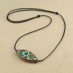 Tibet Turquoise Bead Marquise Pattern Necklace Pendant for Protection and Strength