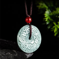 Green Jade Flower Carved Peace Buckle Abundance Necklace Pendant