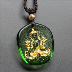 Tibetan Green Tara Buddha Gold Plated Liuli Crystal Protection Necklace Pendant