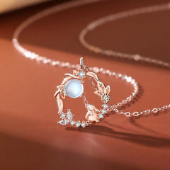 925 Sterling Silver Rabbit-themed Moonstone Moon Flower Pattern Jewelry Set (Necklace, Pendant, Bracelet, Earrings)