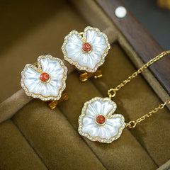 925 Sterling Silver Love Heart Tridacna Stone Red Agate Lazurite Jewelry Set