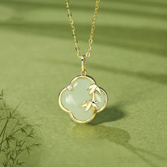 925 Sterling Silver Four Leaf Clover Bamboo Growth Necklace Pendant with Jade