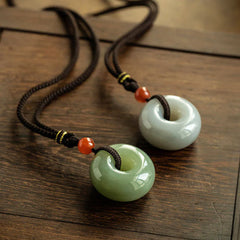 Natural Round Gray Jade Peace Buckle Luck Necklace Pendant