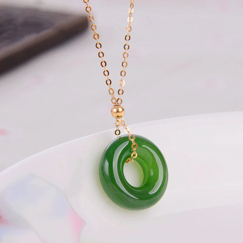 Round Cyan Jade Healing 14K Gold Necklace Pendant
