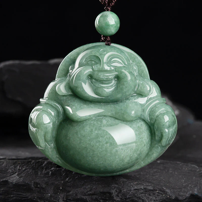 Renbeads Laughing Buddha Cyan Jade Harmony Necklace String Bead Pendant