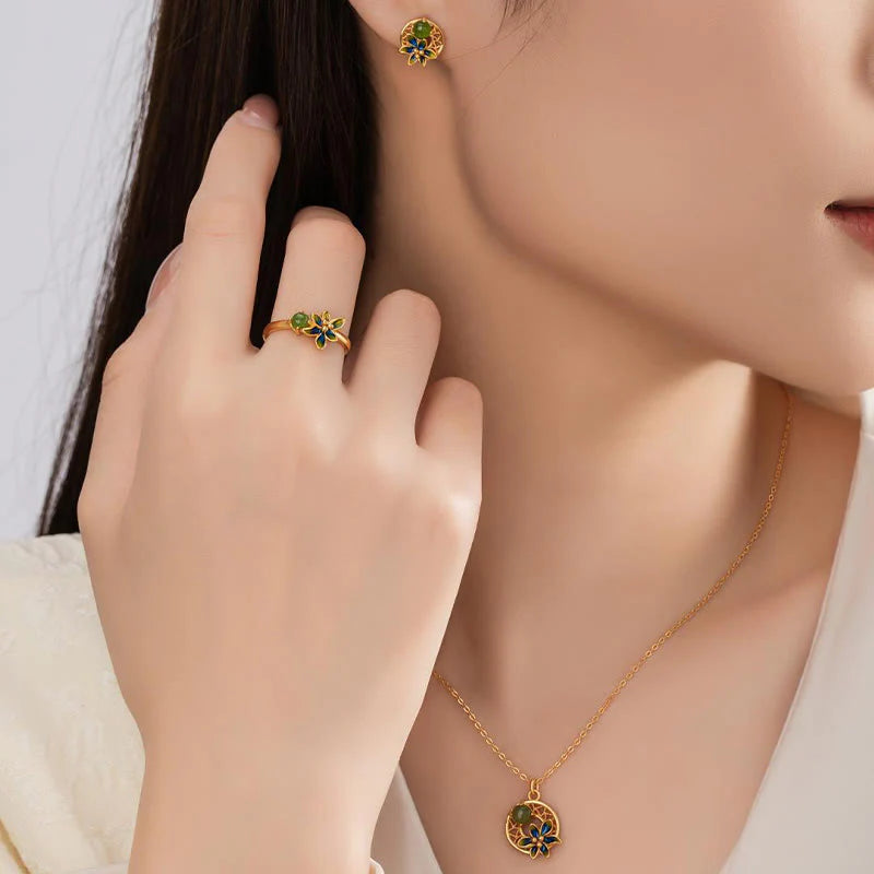 925 Sterling Silver Natural Cyan Jade Flower Luck Necklace, Pendant, Ring, and Earrings Set