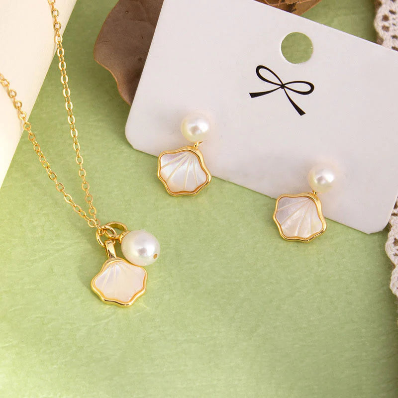 Ginkgo Tridacna Stone Pearl Bead Metal Blessing Jewelry Set