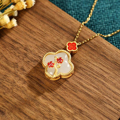 24K Gold Plated White Jade Four Leaf Clover Plum Blossom Luck Necklace and Earrings Set