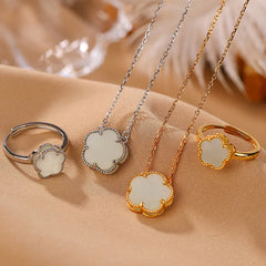 925 Sterling Silver Plated Gold Natural Jade Flower Luck Necklace Pendant Ring Set